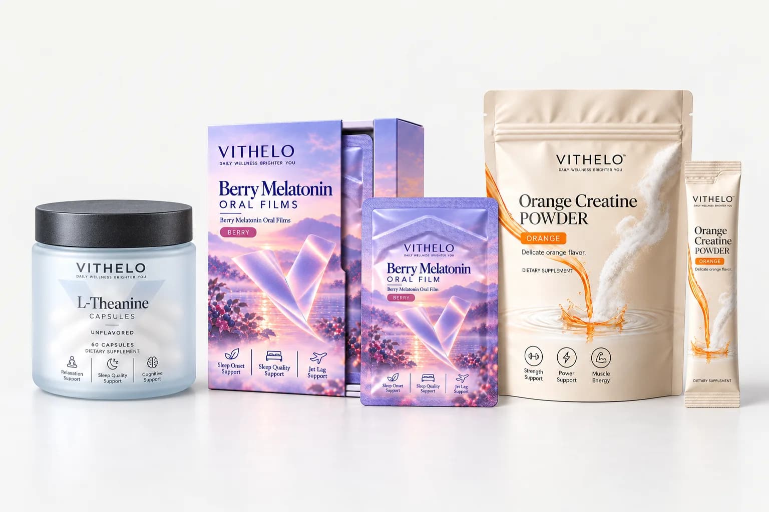 VITHELO capsule, oral film and powder packaging