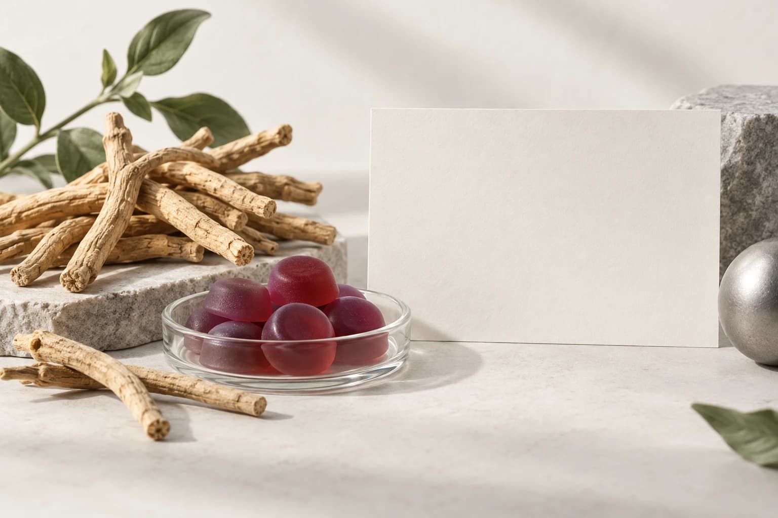 Illustration of dried roots, red-violet gummies and a blank specification card.