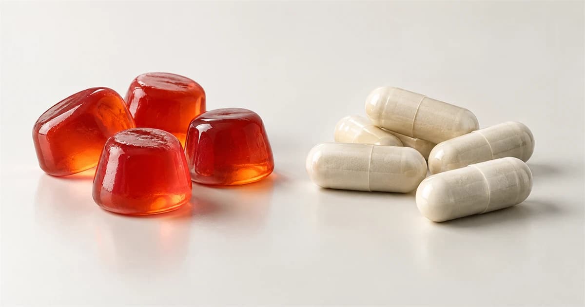 Translucent red-orange gummies and neutral hard capsules presented as two format options on an ivory surface.