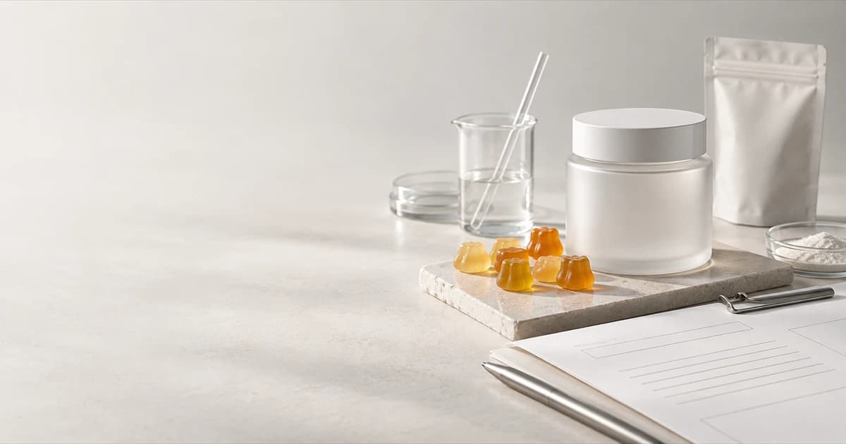 Unbranded gummies, a blank development brief, and plain sample packaging in a neutral editorial workspace.