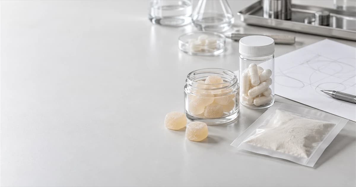 Unbranded containers with gummies, capsules, and powder samples beside an abstract review sheet.