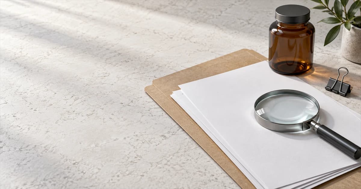 Unbranded document folder, magnifying glass, paper clip, and unlabeled amber jar on a pale stone desk.