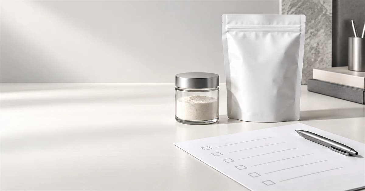 Unbranded white powder pouch, clear sample jar, and generic checklist on an ivory desk.