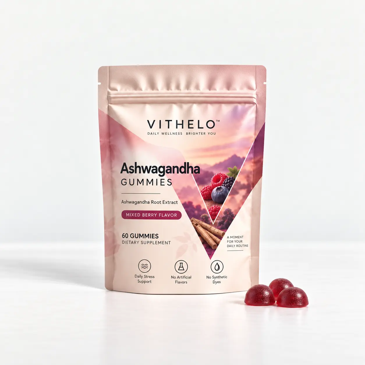 VITHELO Ashwagandha Gummies pouch with mixed berry artwork and matching gummies on a pale-gray background.