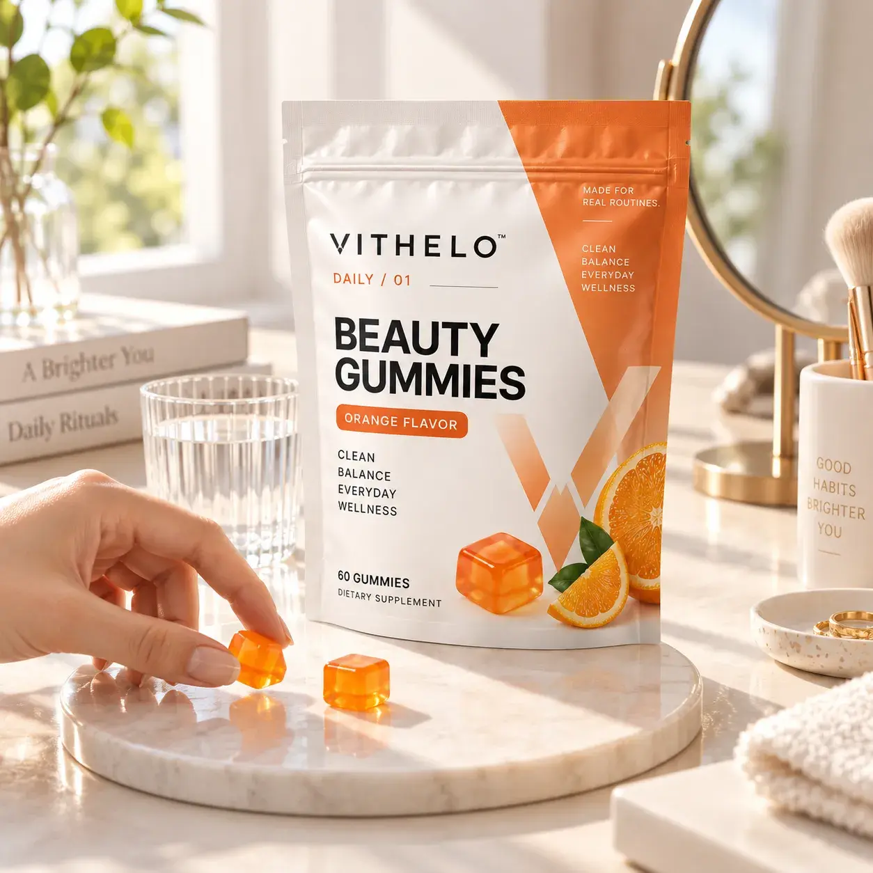 VITHELO pouch packaging in a tabletop scene