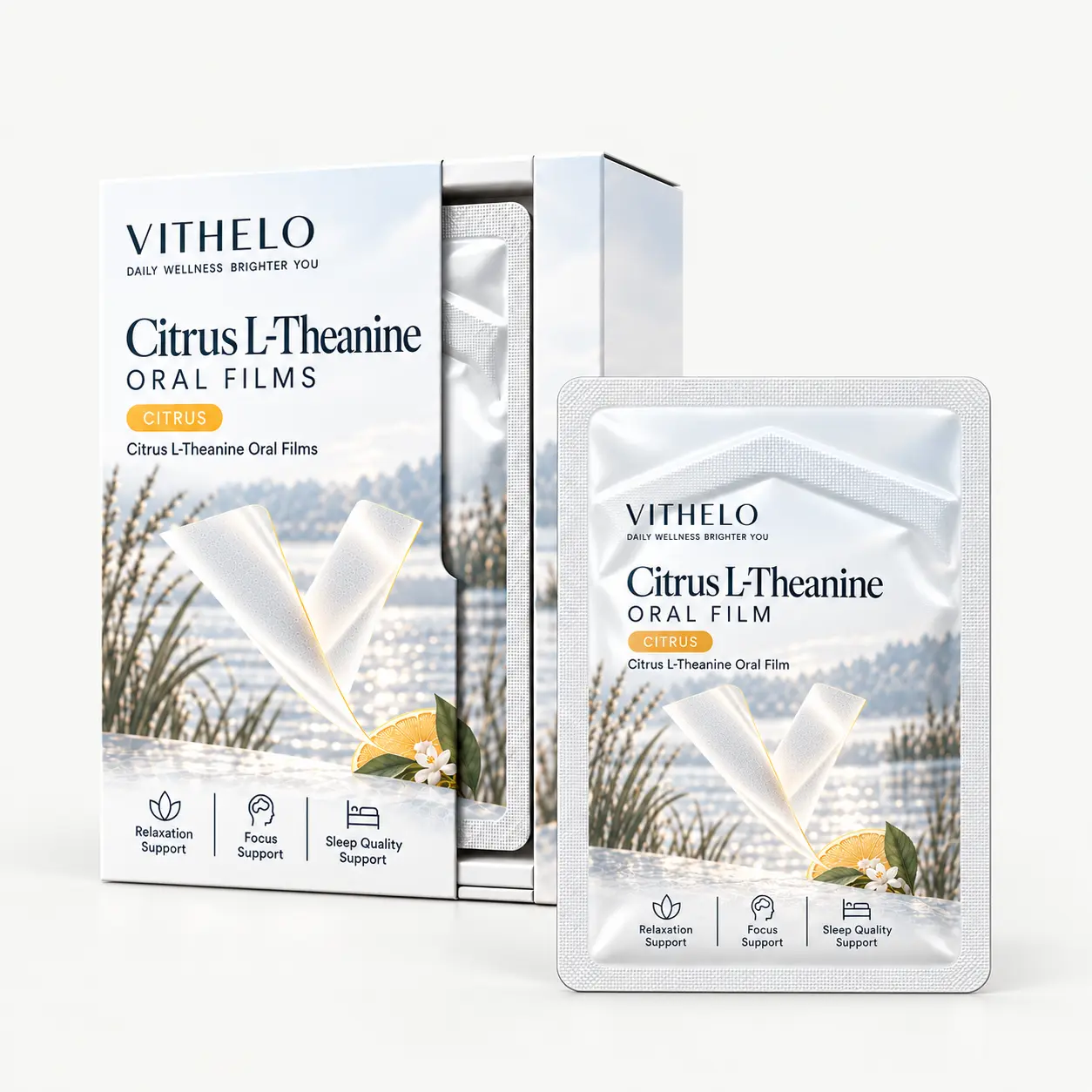 VITHELO Citrus L-Theanine Oral Films: carton and sealed sachet combination on a light gray studio background