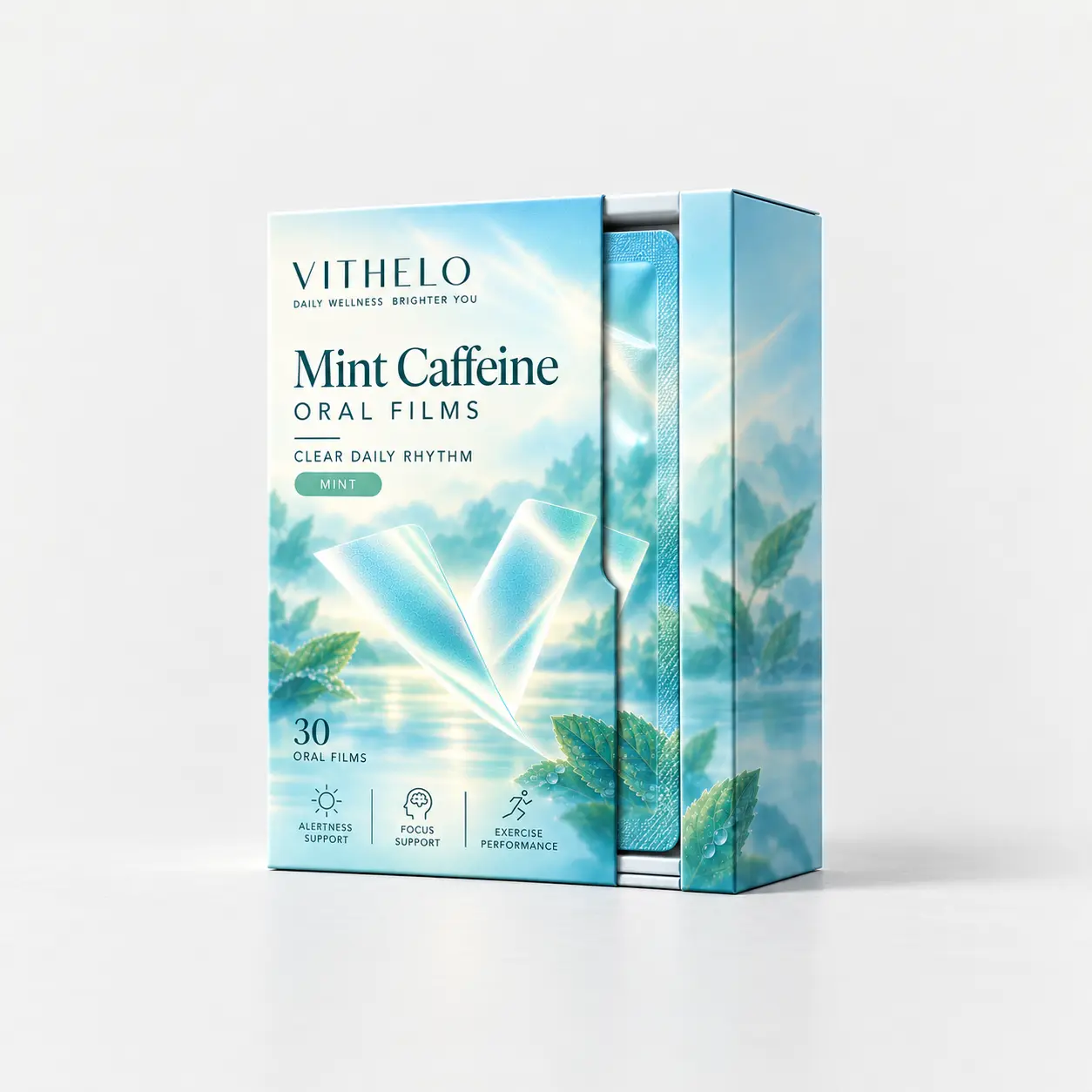Mint Caffeine Oral Films: product and packaging, individual sachets in a carton