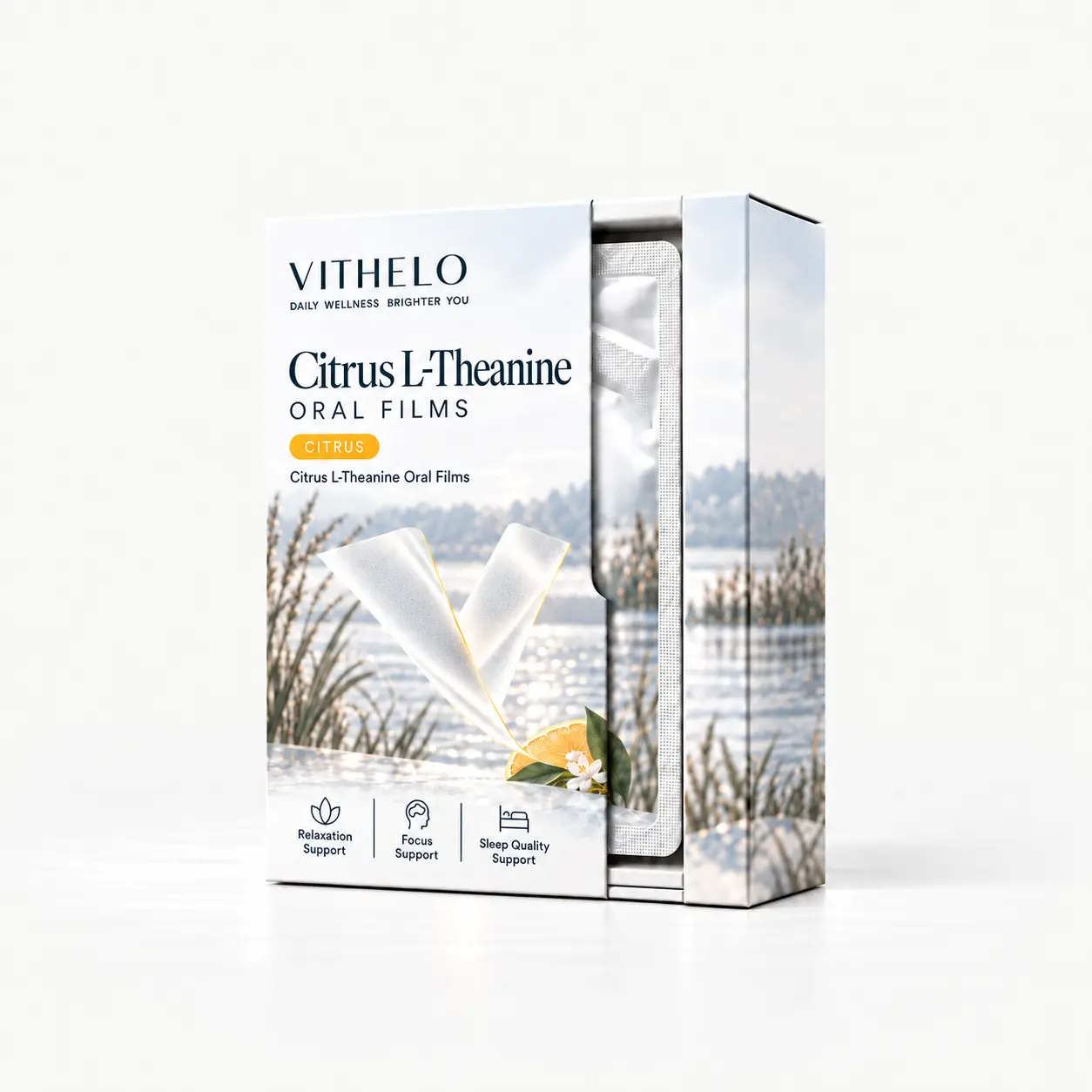 Citrus L-Theanine Oral Films: product and packaging, individual sachets in a carton