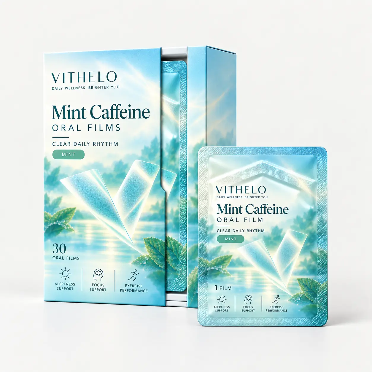 VITHELO Mint Caffeine Oral Films: carton and sealed sachet combination on a light gray studio background