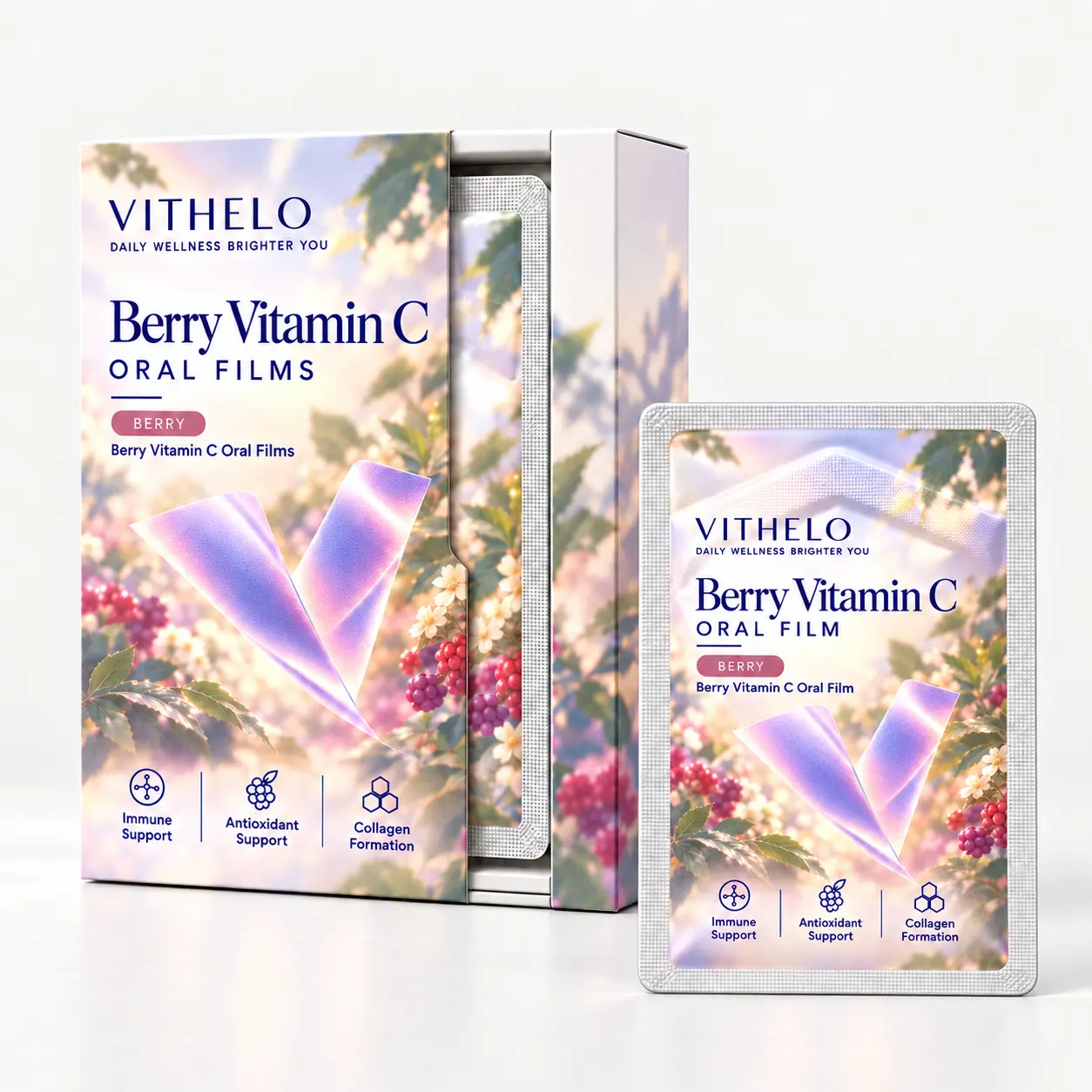 VITHELO Berry Vitamin C Oral Films: carton and sealed sachet combination on a light gray studio background