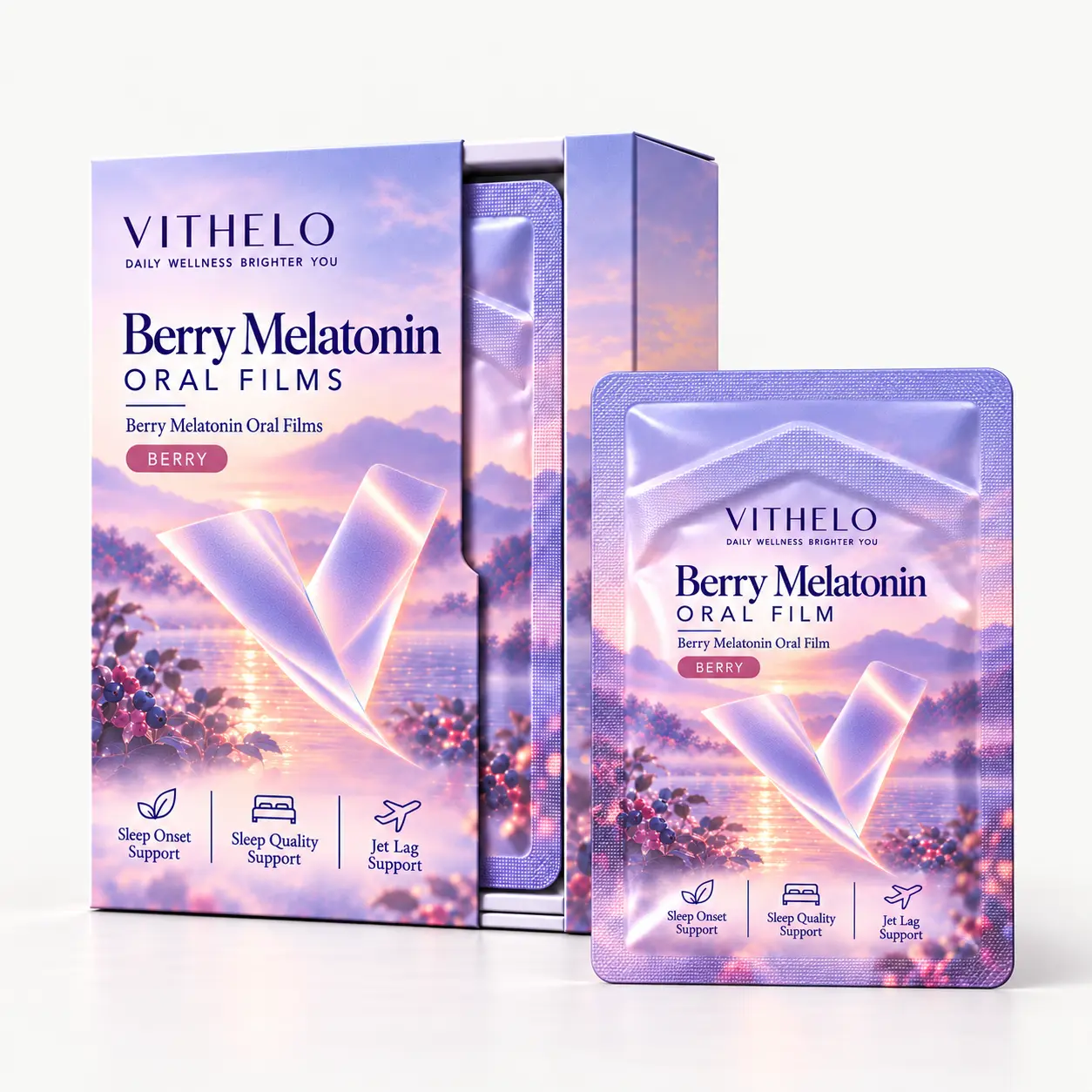 VITHELO Berry Melatonin Oral Films: carton and sealed sachet combination on a light gray studio background