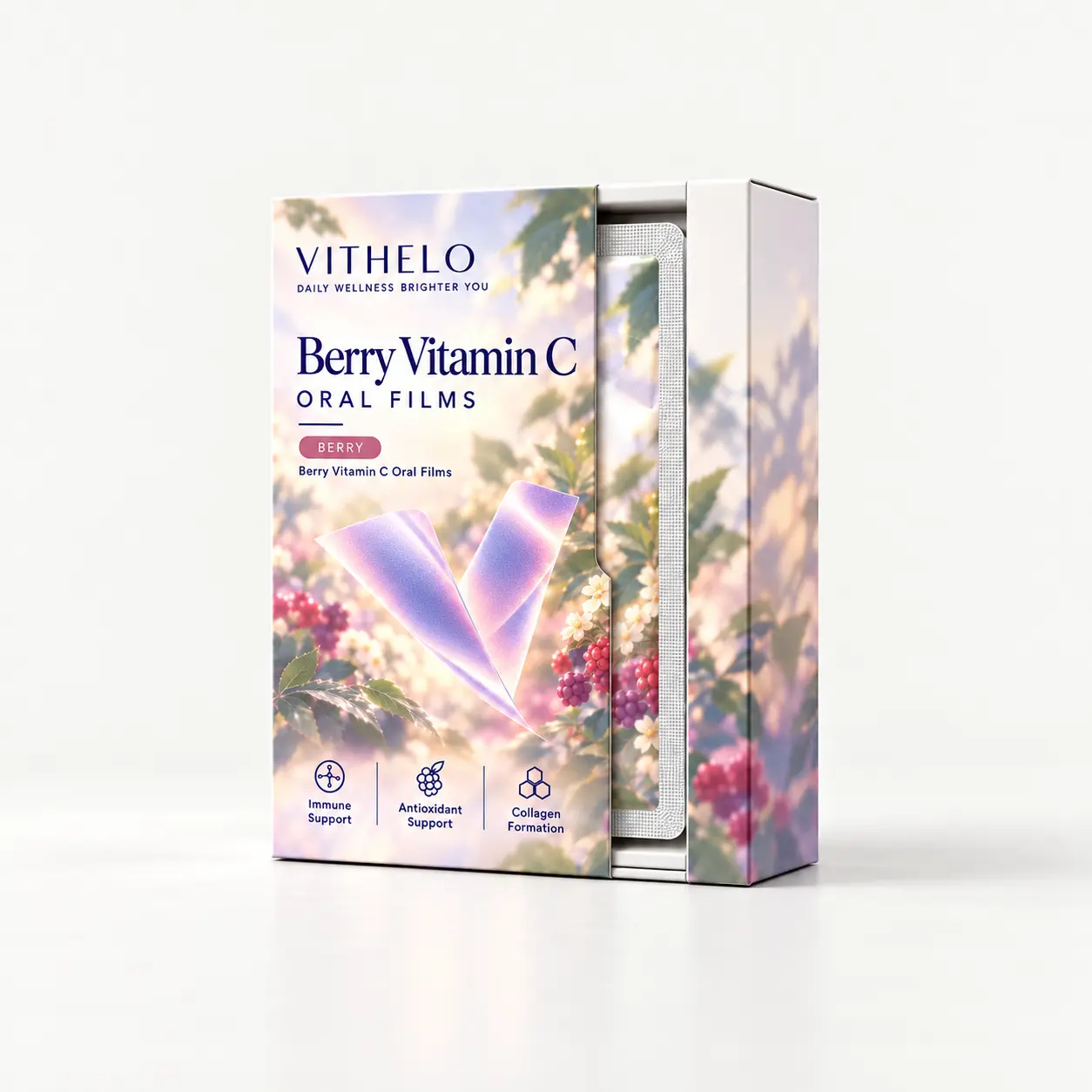 Berry Vitamin C Oral Films: product and packaging, individual sachets in a carton