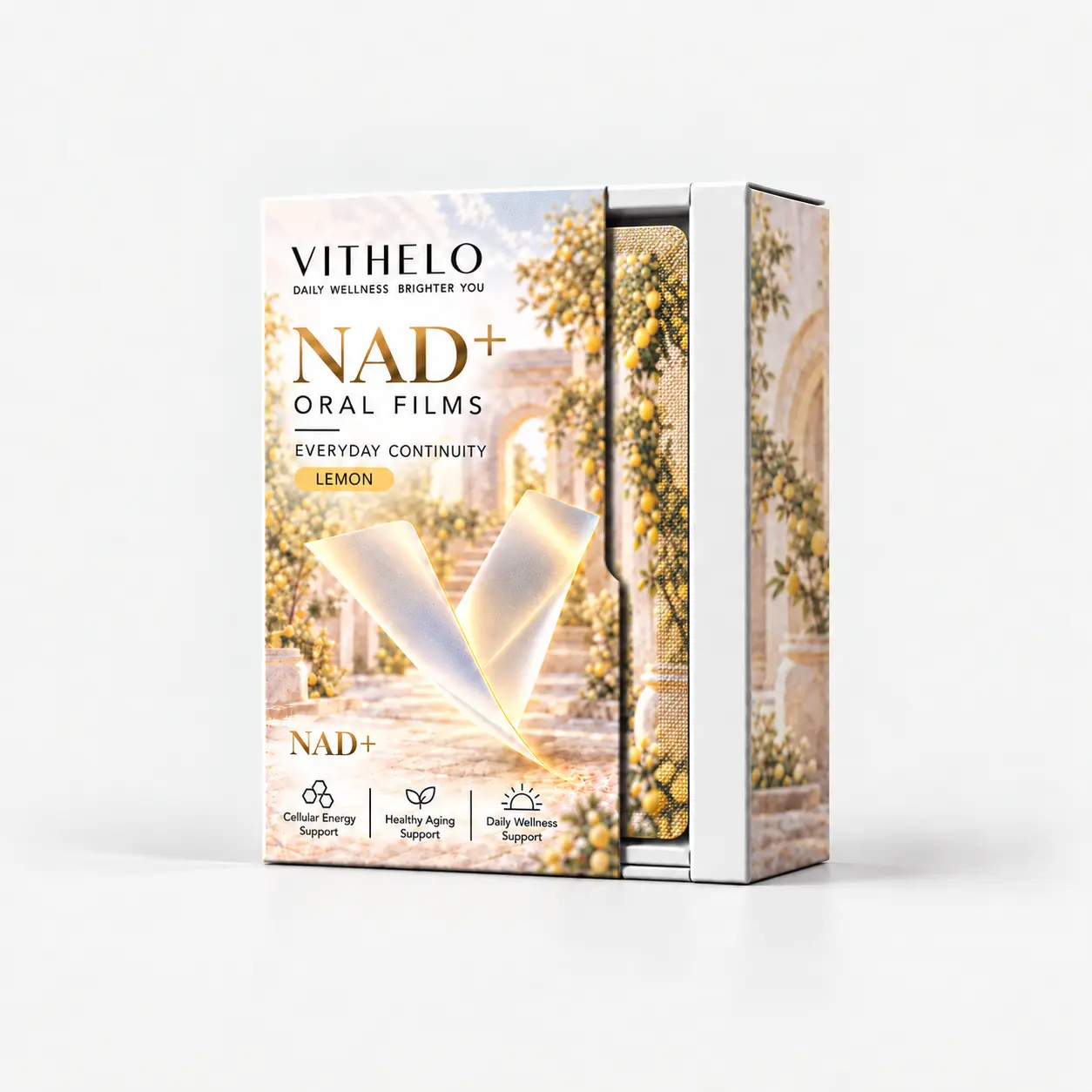 NAD+ Oral Strips: product and packaging, individual sachets in a carton