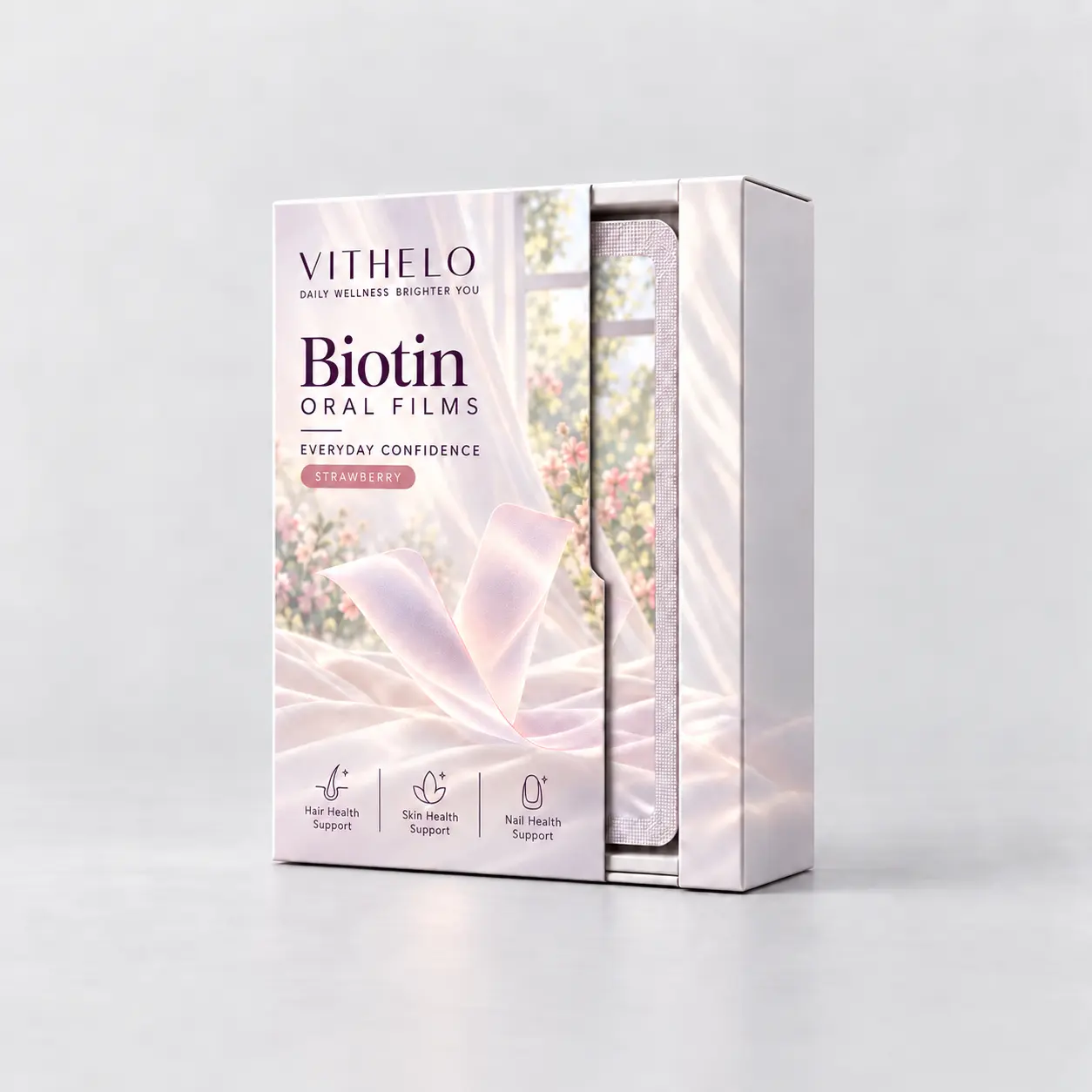 Biotin Oral Strips: product and packaging, individual sachets in a carton