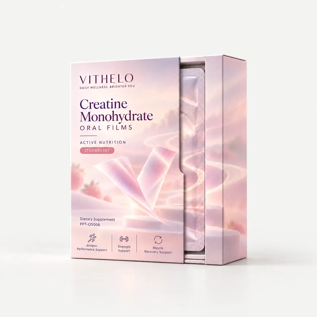 Creatine Monohydrate Oral Strips: product and packaging, individual sachets in a carton