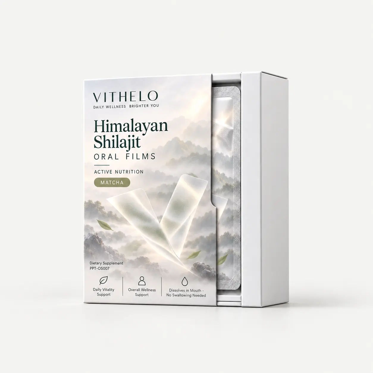 Himalayan Shilajit Oral Strips: product and packaging, individual sachets in a carton