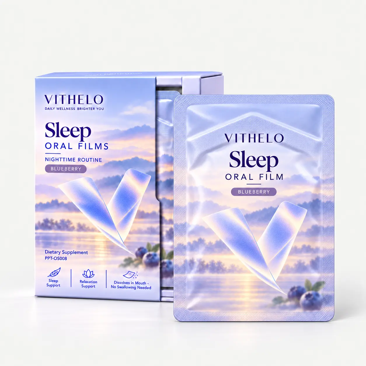 Sleep Oral Strips: complete carton and sealed sachet packaging set on a light gray studio background