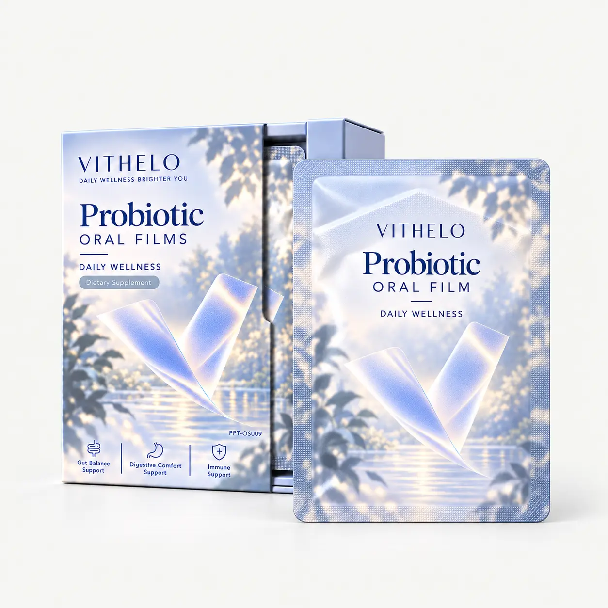 Probiotic Oral Strips: complete carton and sealed sachet packaging set on a light gray studio background
