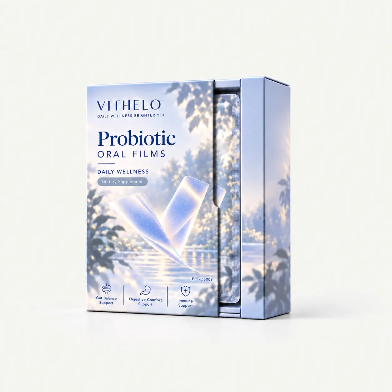 Probiotic Oral Strips: product and packaging, individual sachets in a carton