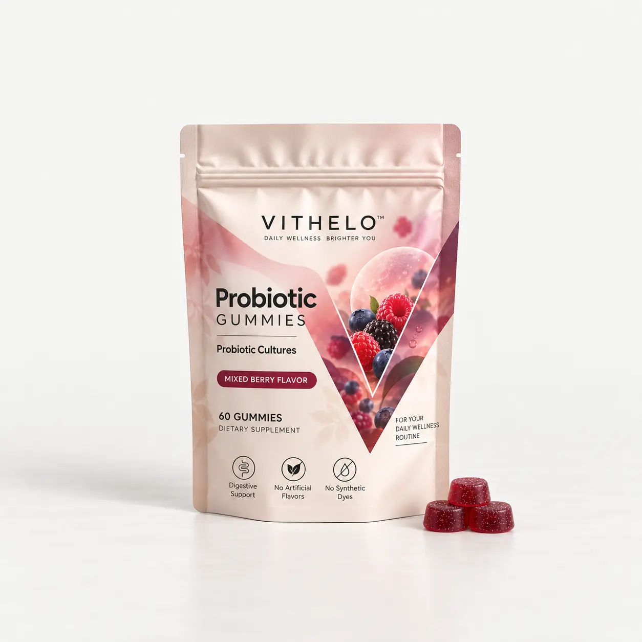 VITHELO Probiotic Gummies pouch with mixed berry artwork and matching gummies on a pale-gray background.