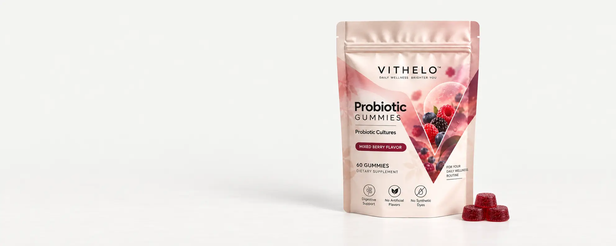 VITHELO Probiotic Gummies pouch and gummies in a wide pale-gray customization scene.