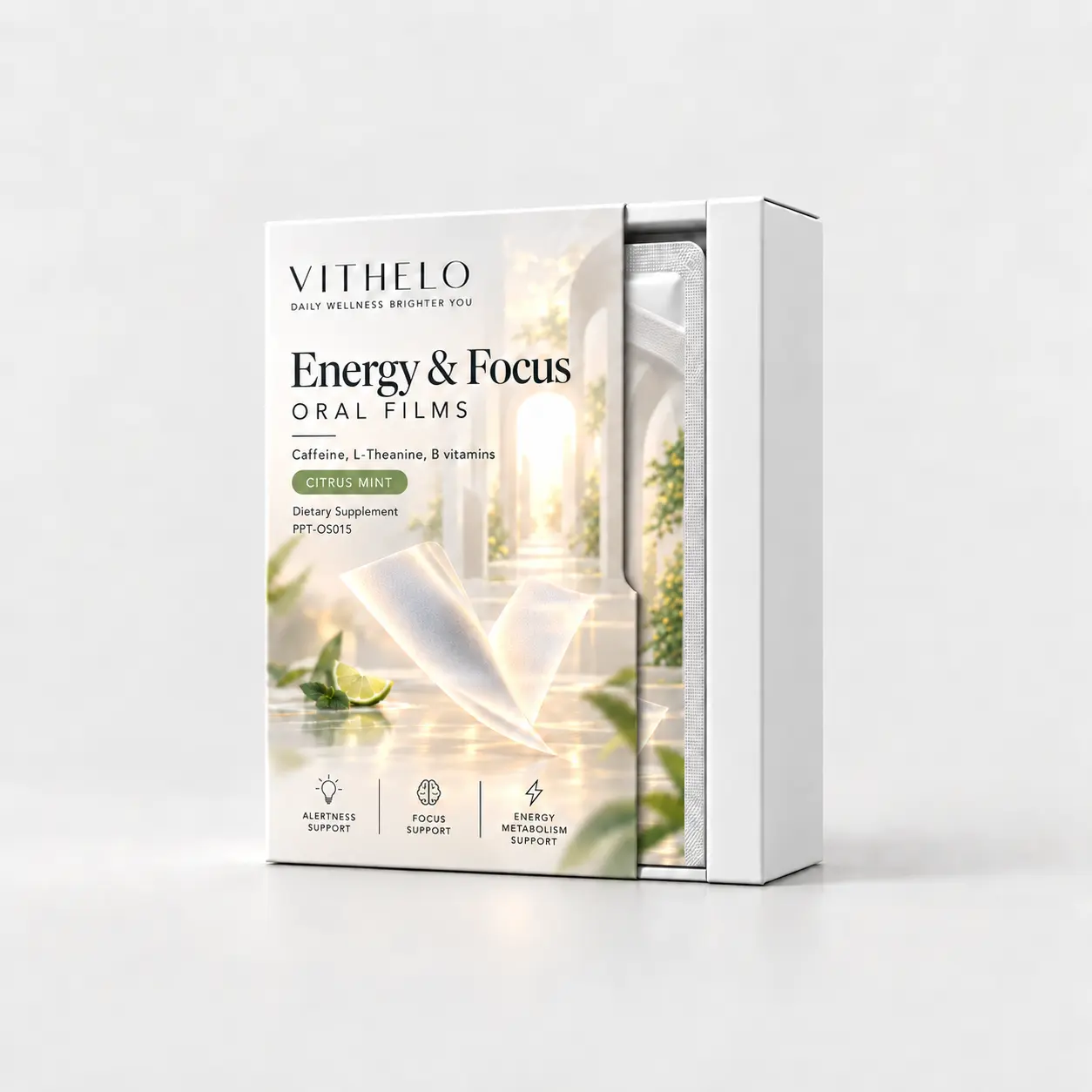 Energy and Focus Oral Strips: product and packaging, individual sachets in a carton