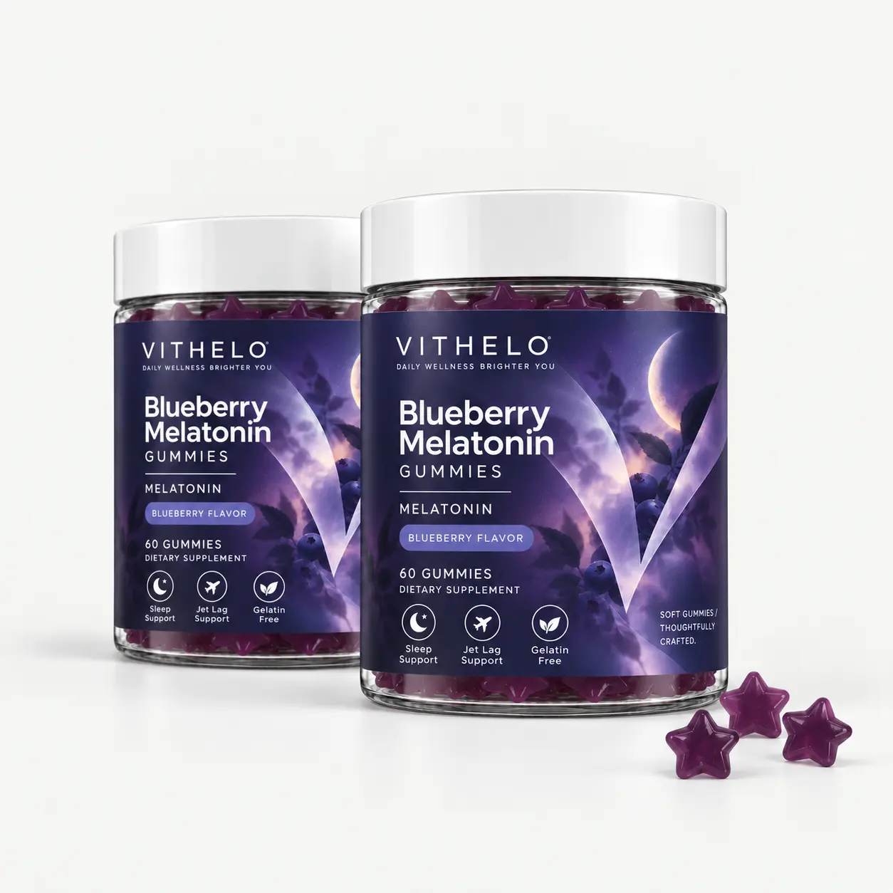 Blueberry Melatonin Gummies: two complete matching bottle packs