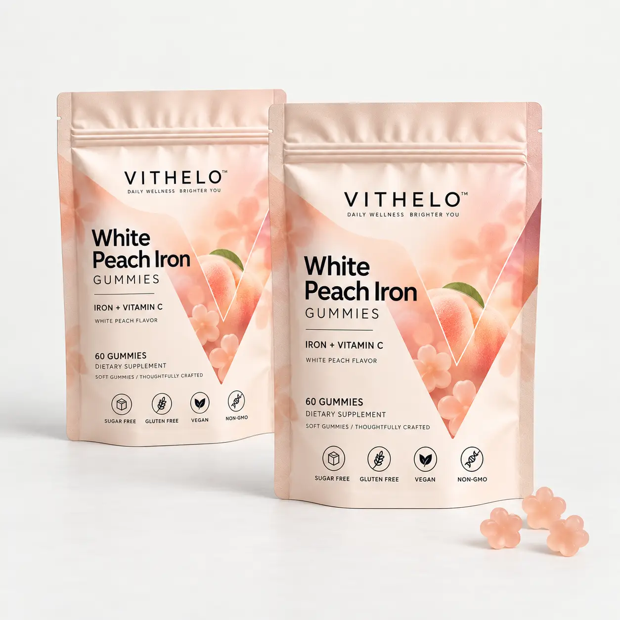White Peach Iron Gummies: two complete matching pouch packs