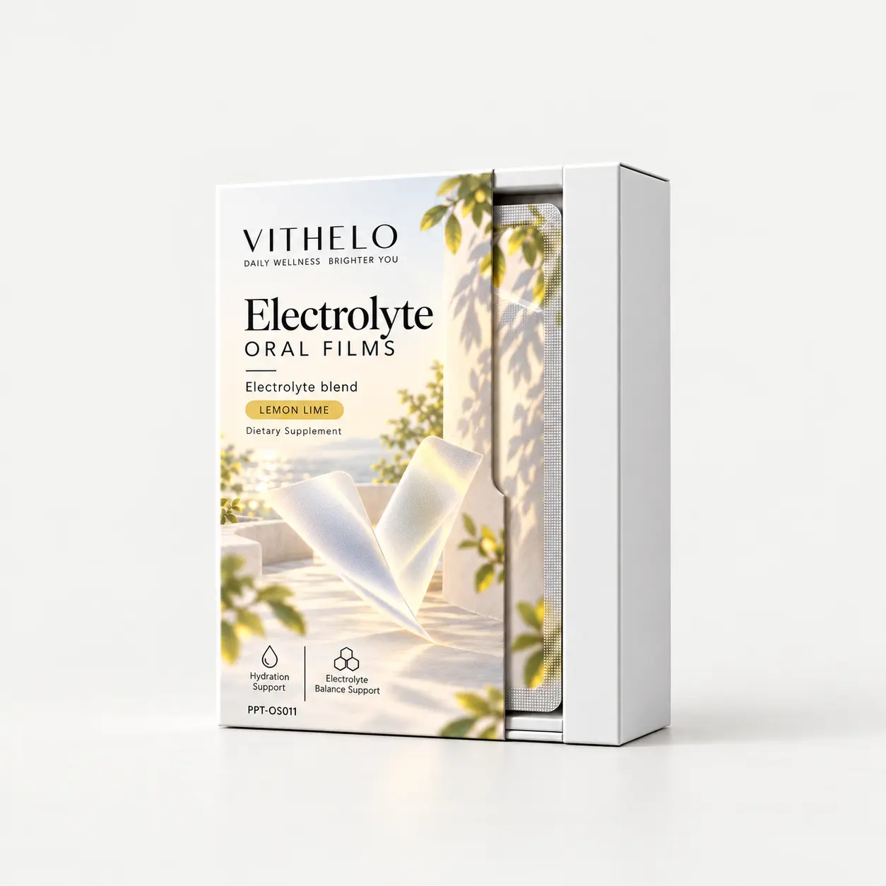 Electrolyte Oral Strips: product and packaging, individual sachets in a carton