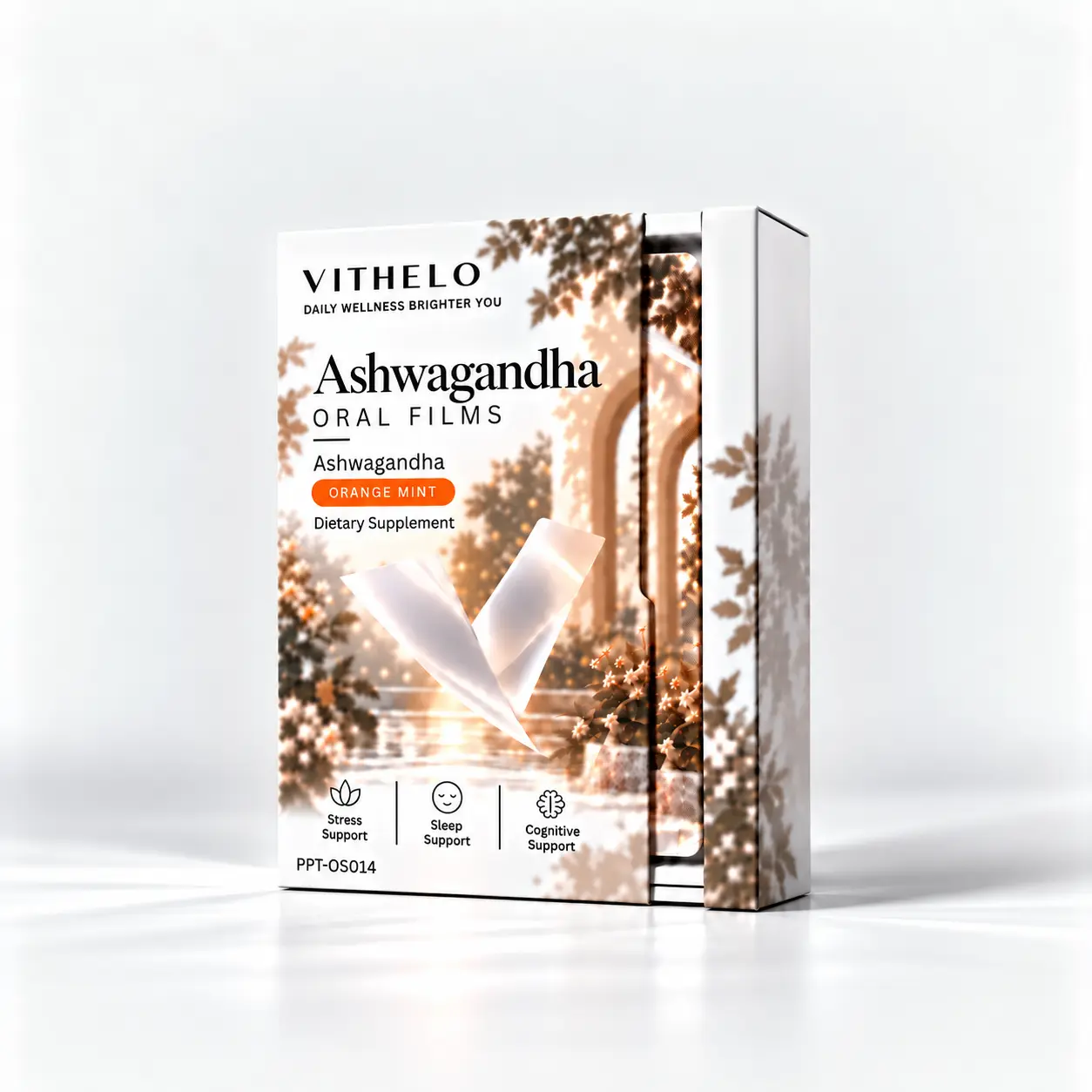 Ashwagandha Oral Strips: product and packaging, individual sachets in a carton