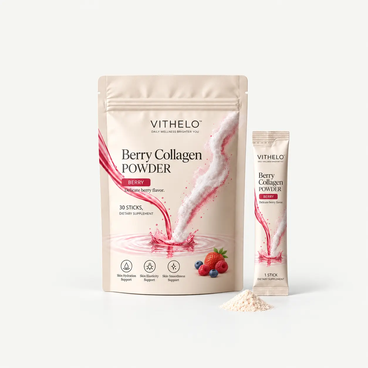 Berry Collagen Powder: product and packaging, stick packs in a pouch