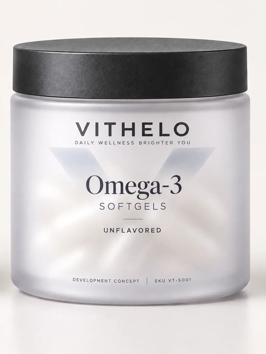 Omega-3 Softgels: product and packaging concept illustration, bottle