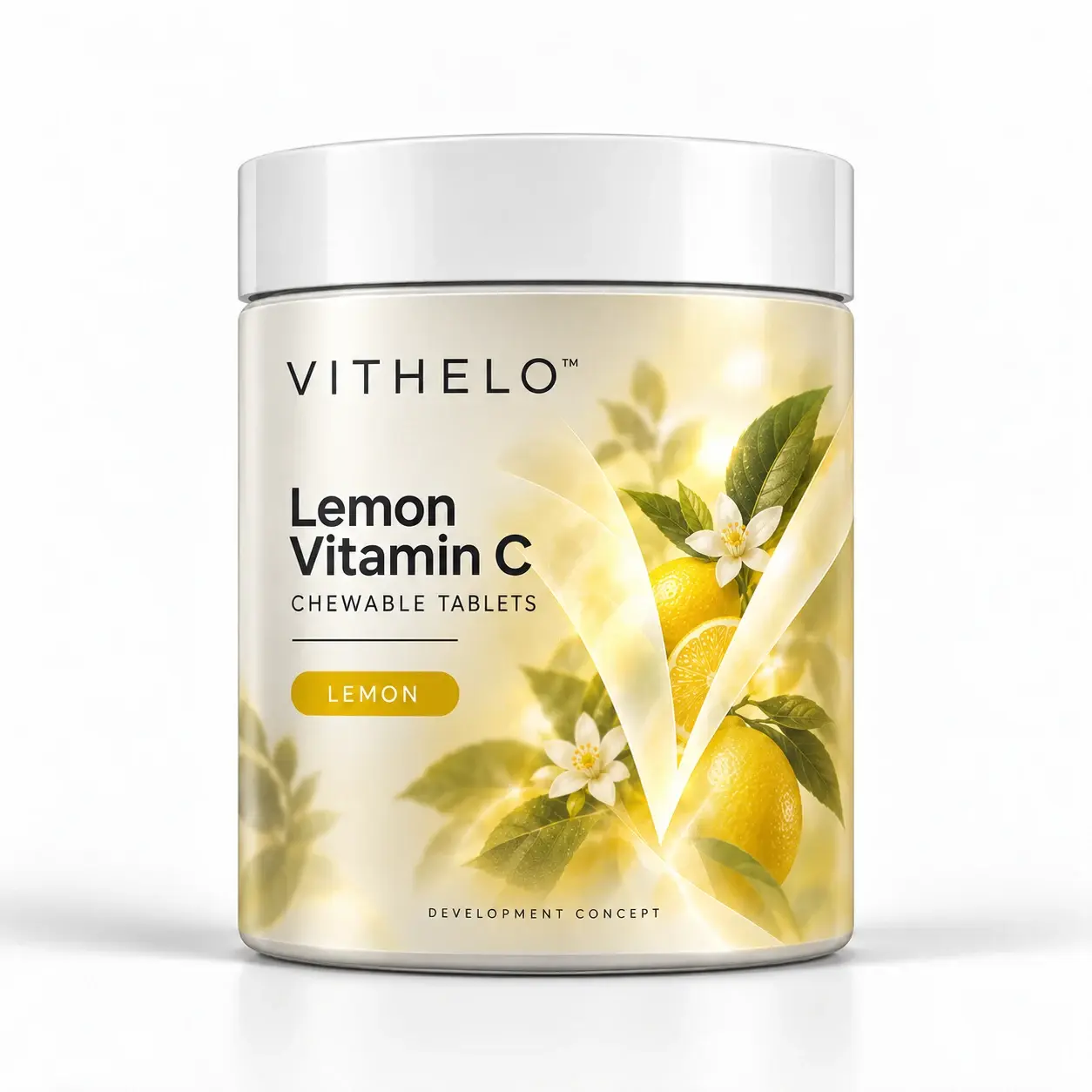 Lemon Vitamin C Chewable Tablets: product and packaging concept illustration, bottle