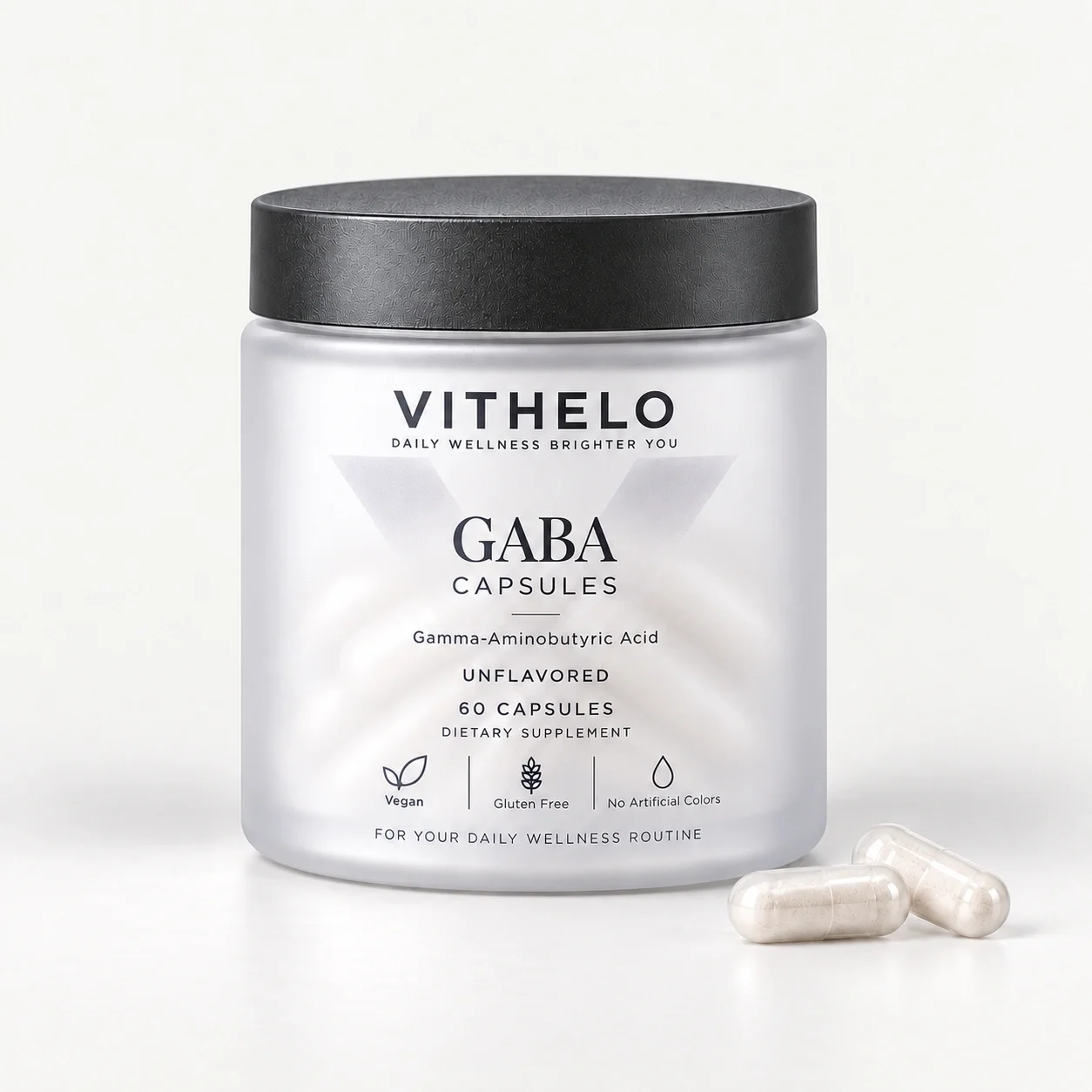 VITHELO GABA capsule packaging concept with a bottle and transparent hard capsules.