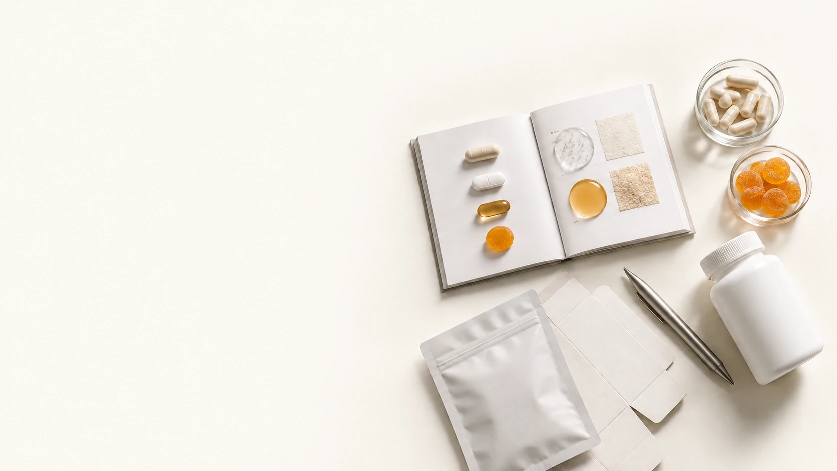 overhead scene of unbranded supplement samples, a sample book and packaging materials.