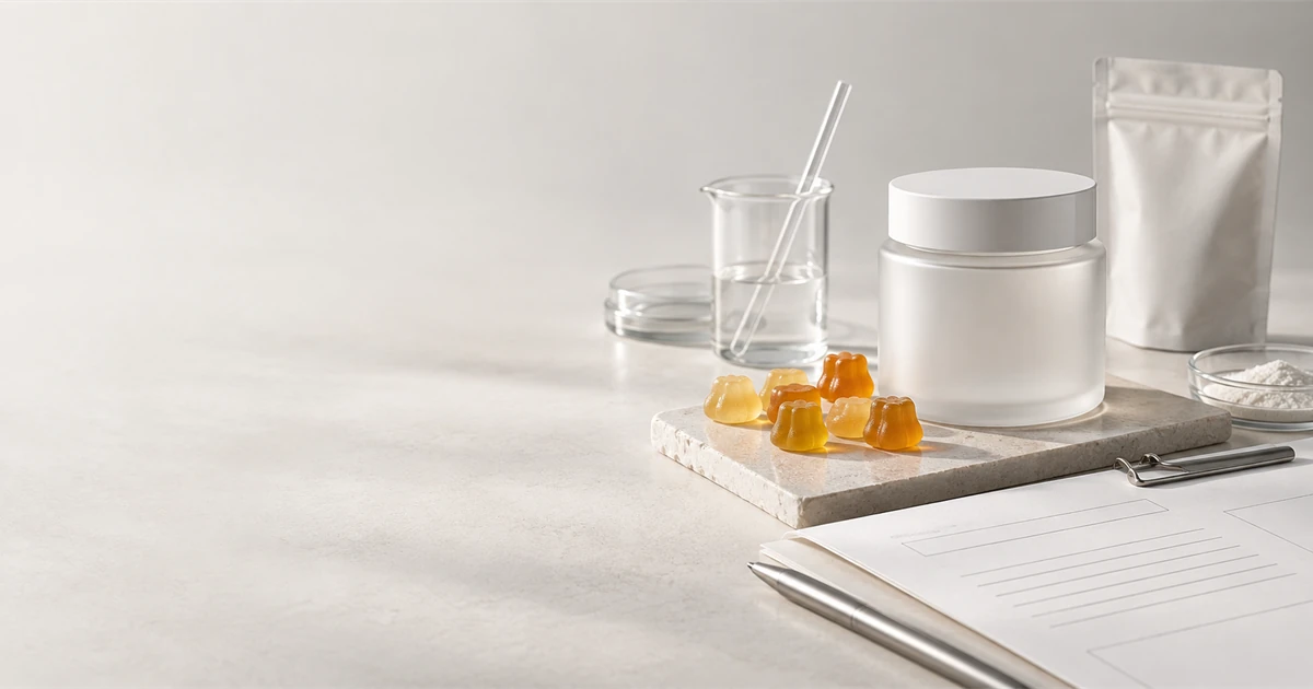 Unbranded gummies, a blank development brief, and plain sample packaging in a neutral editorial workspace.