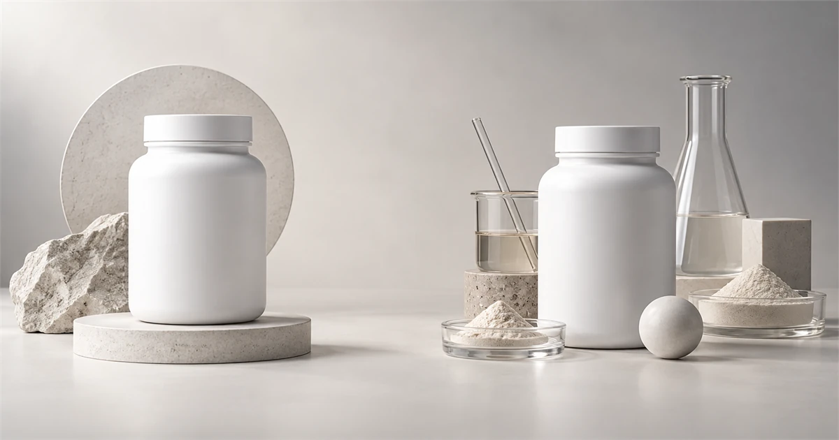 Two unbranded supplement containers with neutral development materials suggesting different project routes.